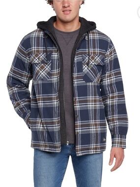 NEW Eddie Bauer Men's Pockets Full-Zip Fleece Hooded Shacket Navy Soloman Plaid